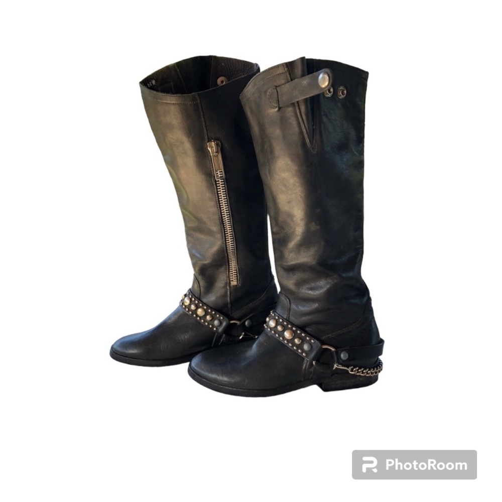 Golden Goose Black Studded motorcycle Knee High Leather Boots Bikercore - Picture 4 of 6